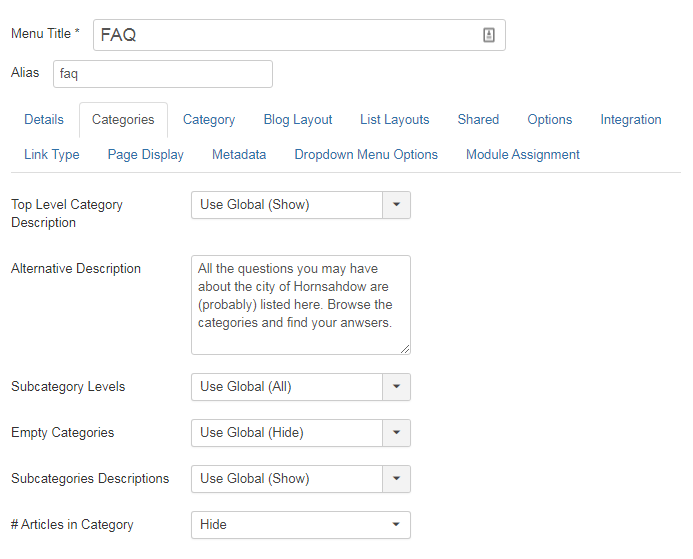 FAQ with Joomla categories menu item