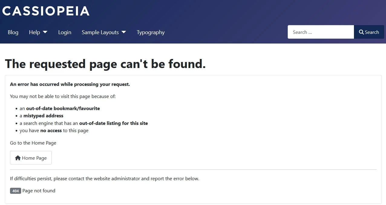 Joomla current 404 error page