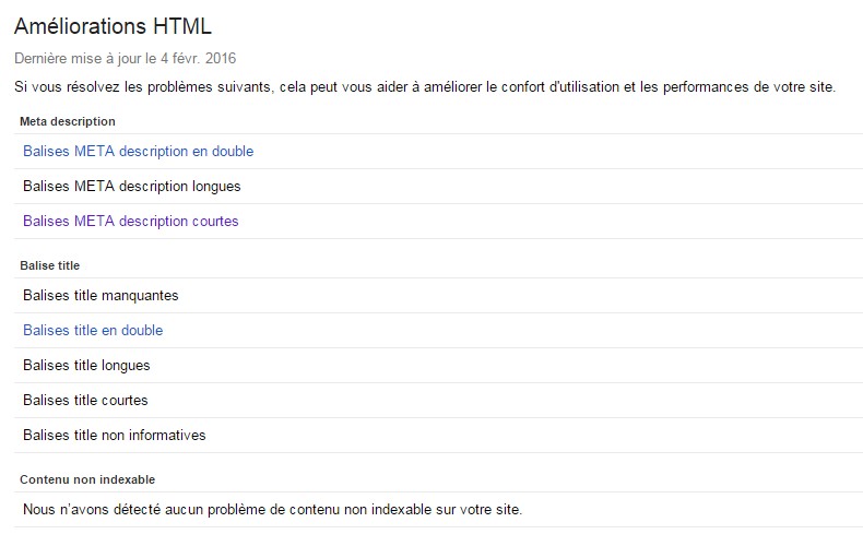 Google Search Console Améliorations HTML