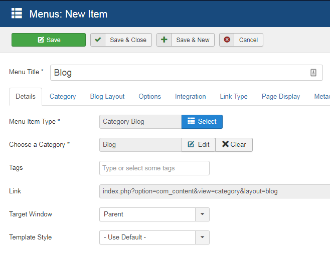Create category blog menu item in Joomla