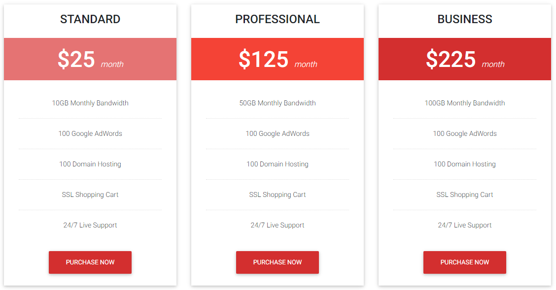 Preview Pricing Table