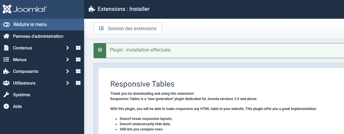 Installation dans Joomla