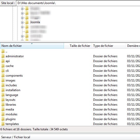 Transfert fichiers Filezilla pour installer Joomla 4 sur un serveur distant