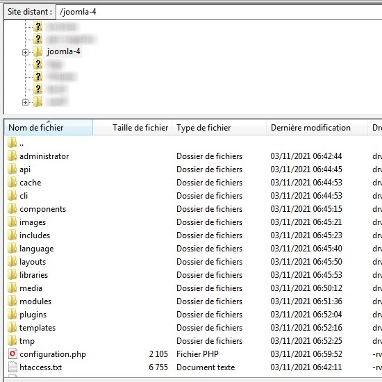 Transfert fichiers pour installer Joomla 4 sur un serveur distant avec FileZilla