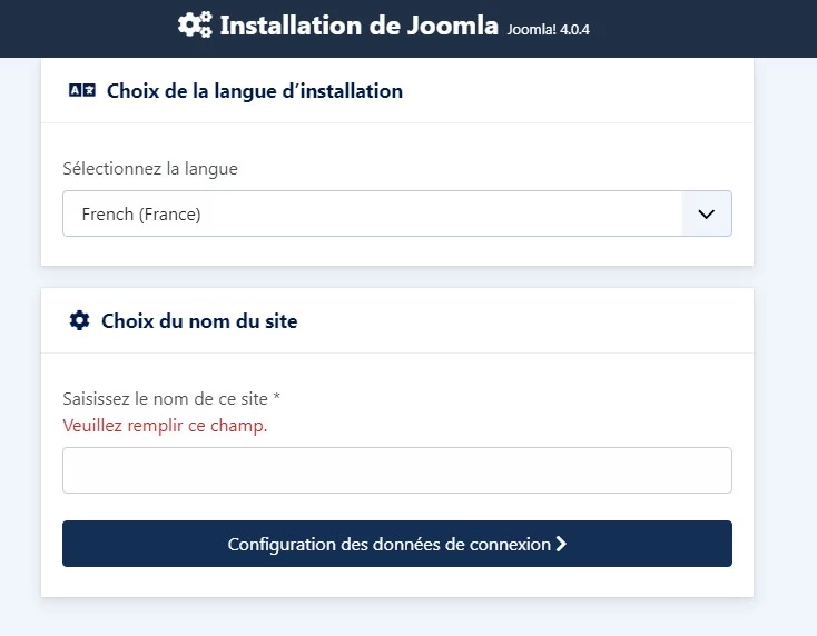 Ecran 1 d'installation de Joomla 4