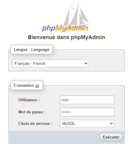 Login phpmyadmin pour utiliser Joomla sur un serveur local