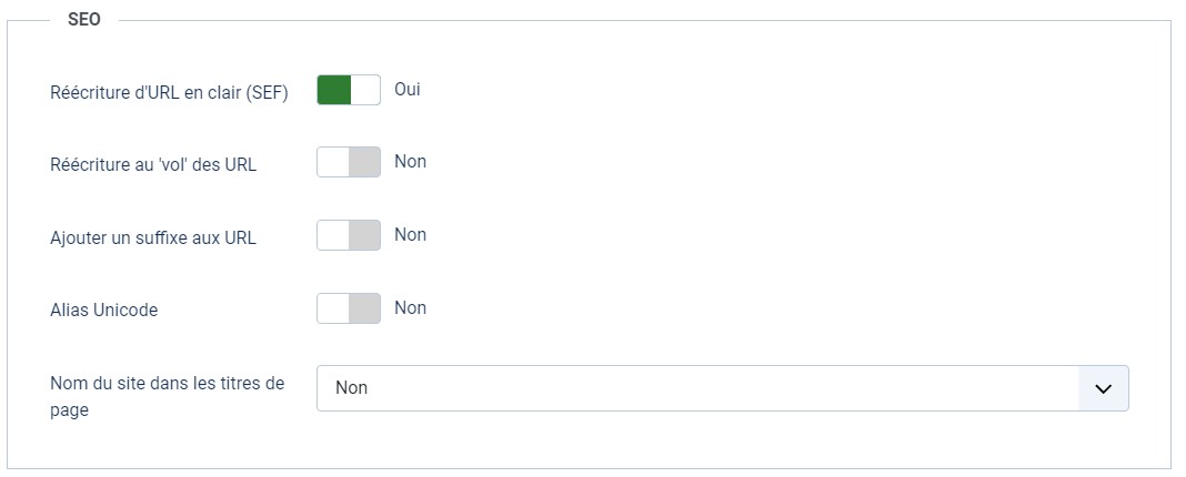 paramètres SEO de Joomla